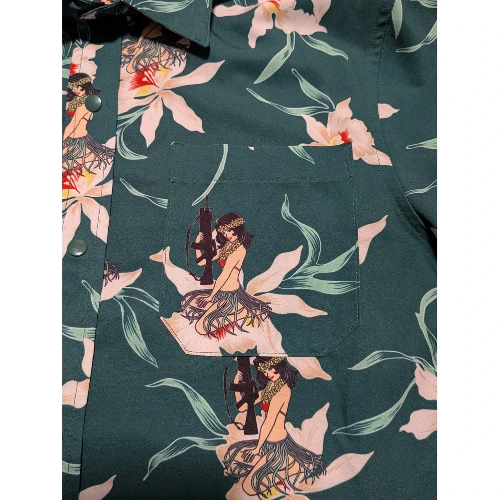 Savage Tacticians Men's Green Hula Girls Guns Floral Hawaiian Shirt‎ Size Small